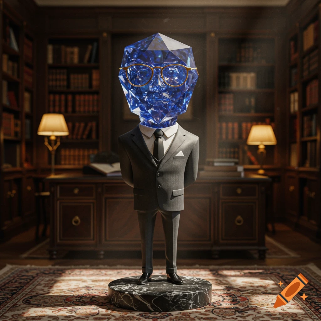 A figure with a blue faceted jewel head and glasses, wearing a suit, stands on a pedestal in a luxurious library.