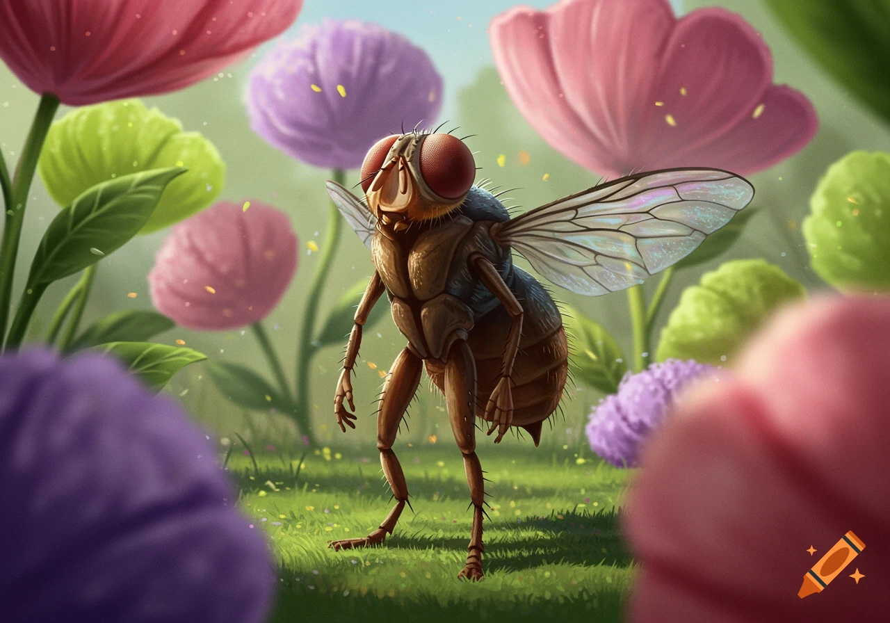 A whimsical, large, brown humanoid fly with red eyes stands in a vibrant green field surrounded by colorful flowers.