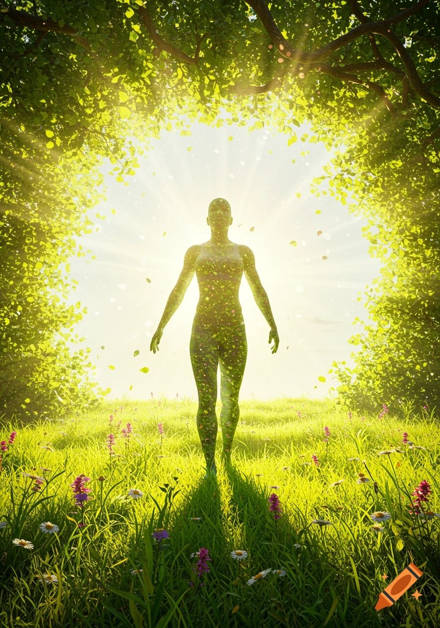 A glowing, ethereal figure stands in a vibrant green meadow with flowers under a canopy of sunlit leaves, with light rays.