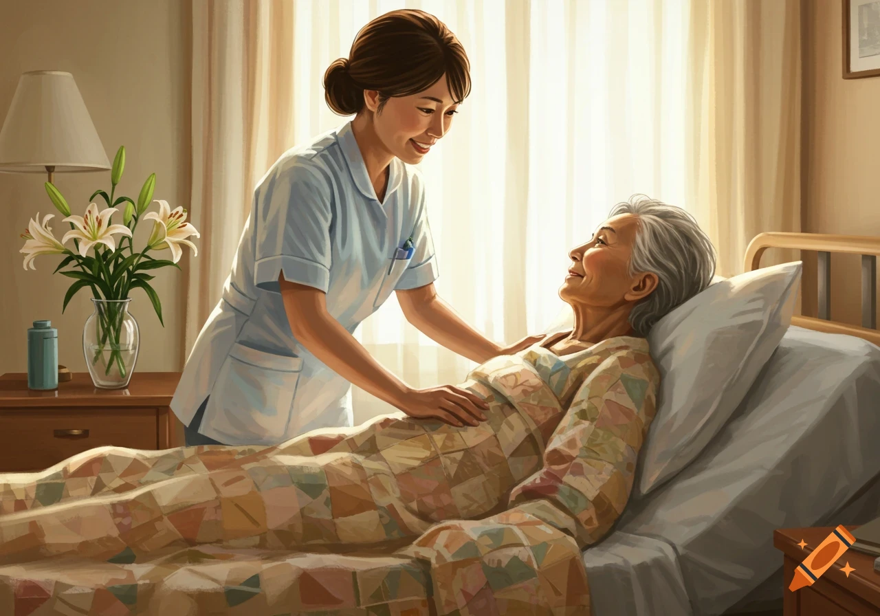 An illustration of a nurse tending to an elderly patient in bed, with flowers on a nightstand.