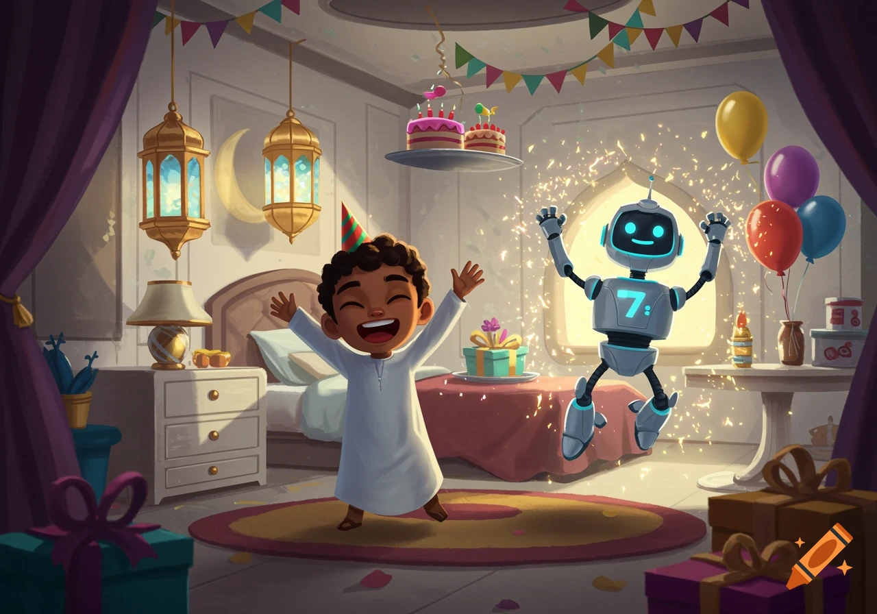 A cheerful cartoon boy in a white tunic with a party hat smiles with arms raised, celebrating his birthday with a smiling robot amidst sparkling lights, balloons, cakes, and gifts in a festive, decorated room.
