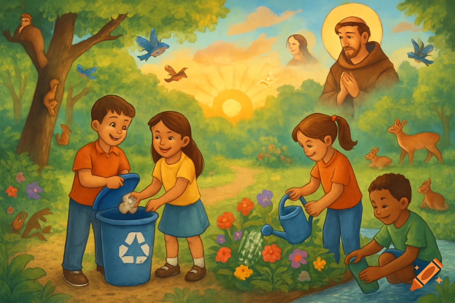 Children participate in nature conservation, recycling trash, watering flowers, and cleaning a stream in a lush green landscape. Religious figures watch from the sky.
