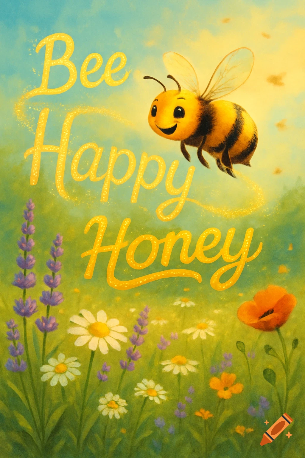 A cheerful cartoon bee flies over a field of wildflowers with yellow text that reads 'Bee Happy Honey' against a blue and yellow sky.