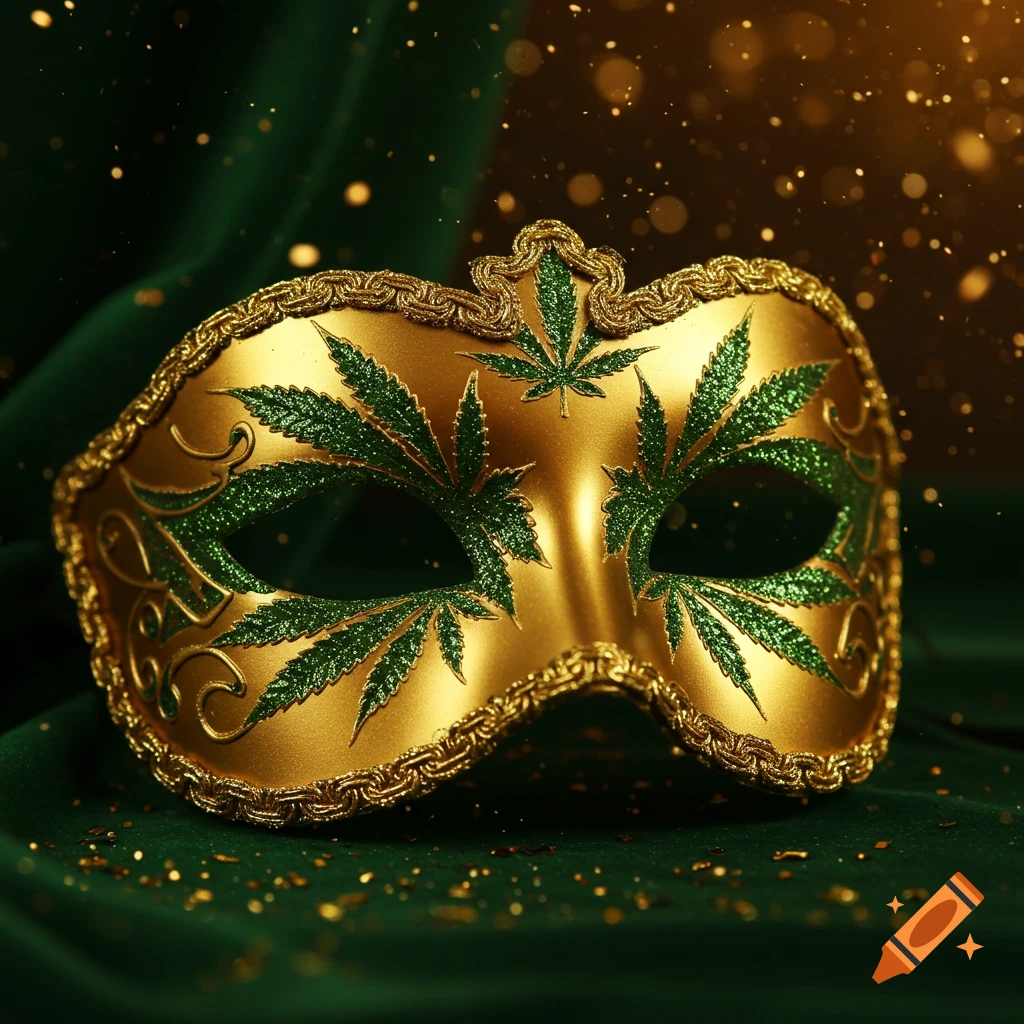 A gold masquerade mask adorned with green cannabis leaves, set against a dark green fabric with golden glitter.