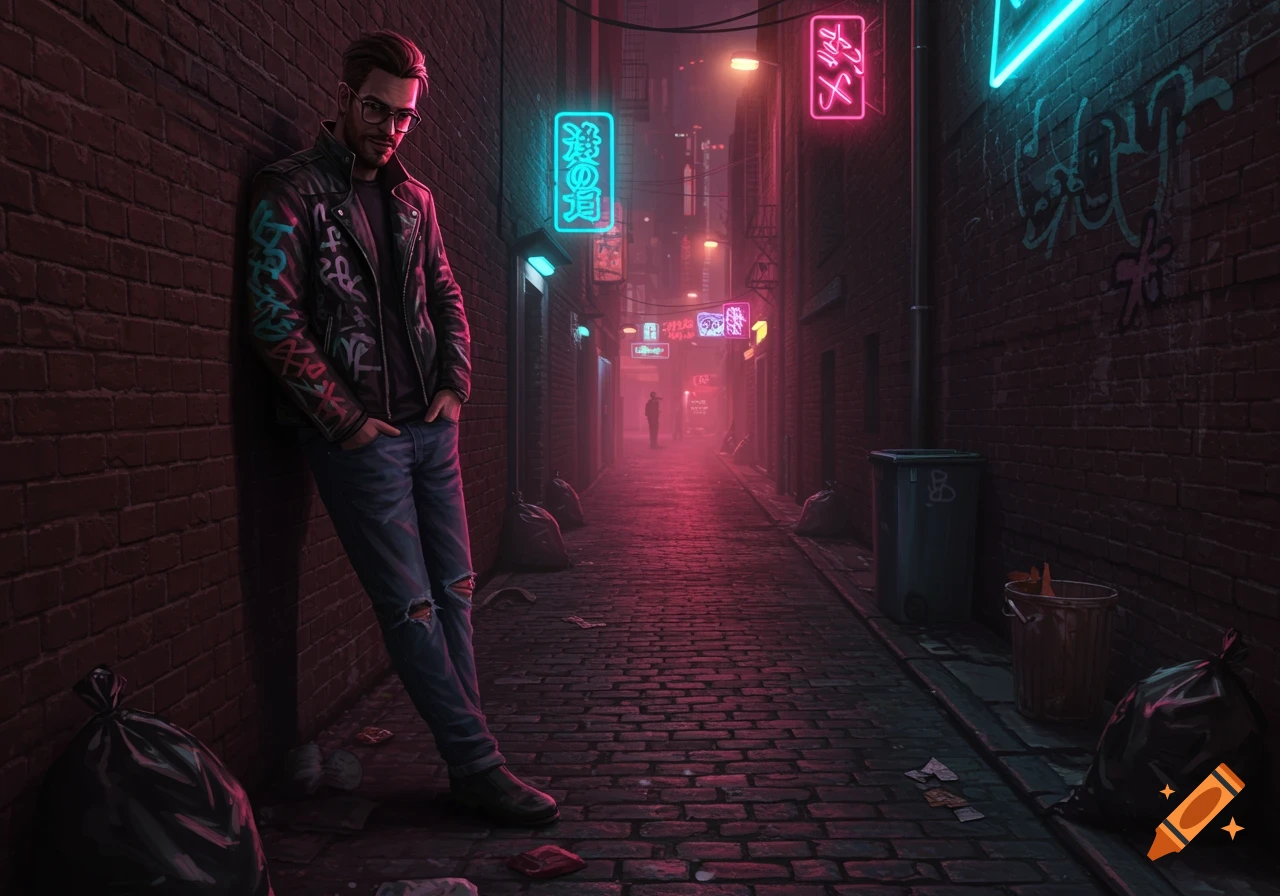 A man with glasses and a leather jacket leans against a brick wall in a neon-lit urban alley at night. The style is photorealistic.
