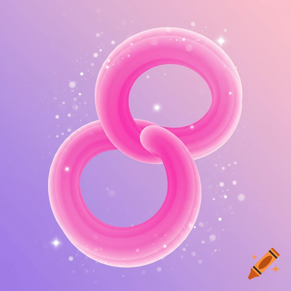 Two intertwined pink rounded shapes against a soft purple and pink gradient background with white sparkles.