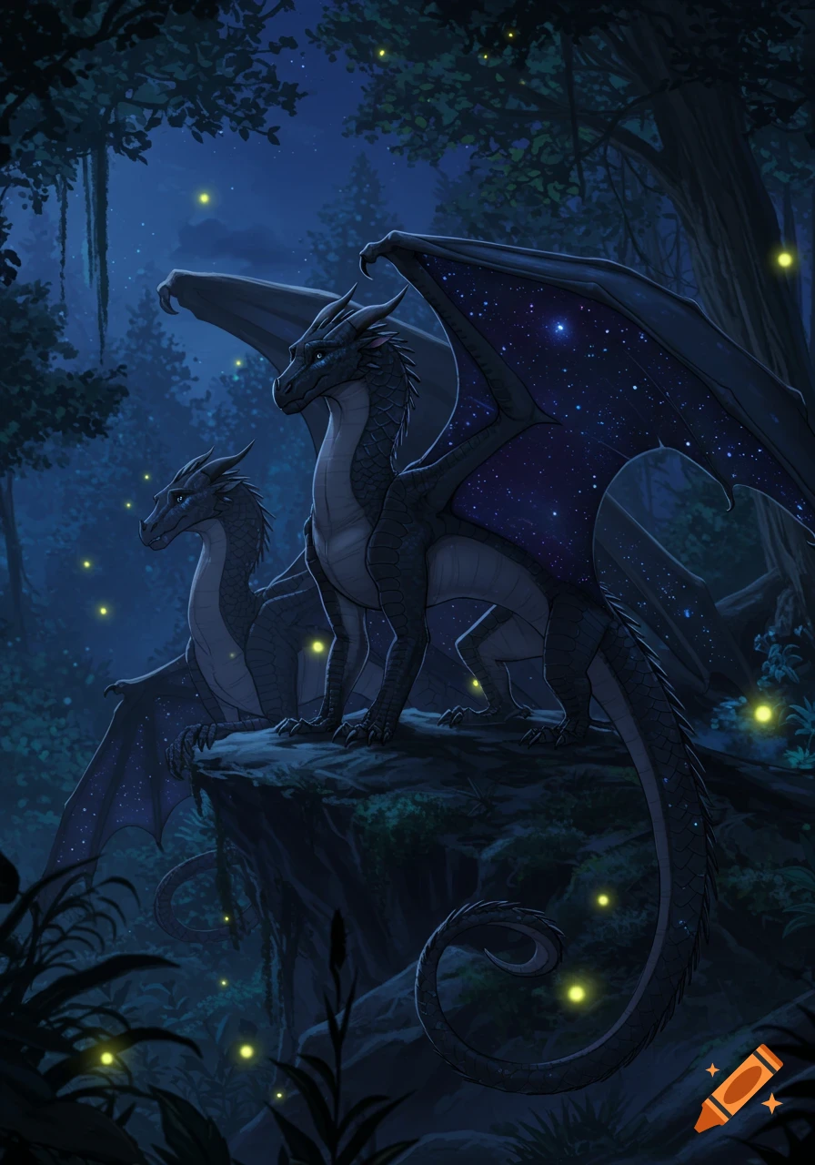 Two black dragons with starry wings sit on a mossy cliff in a dark, moonlit forest with fireflies.