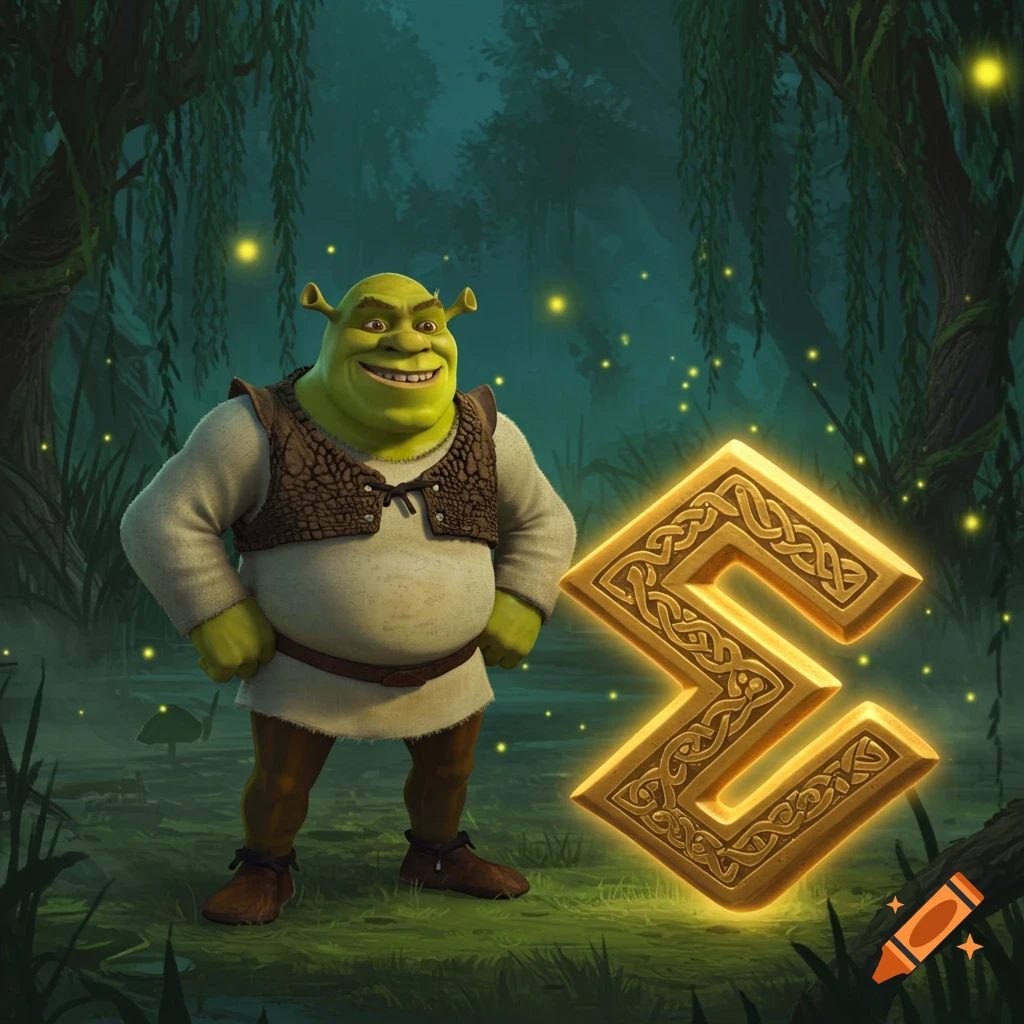 Shrek stands in a swamp at night next to a glowing golden symbol with Celtic knot patterns.