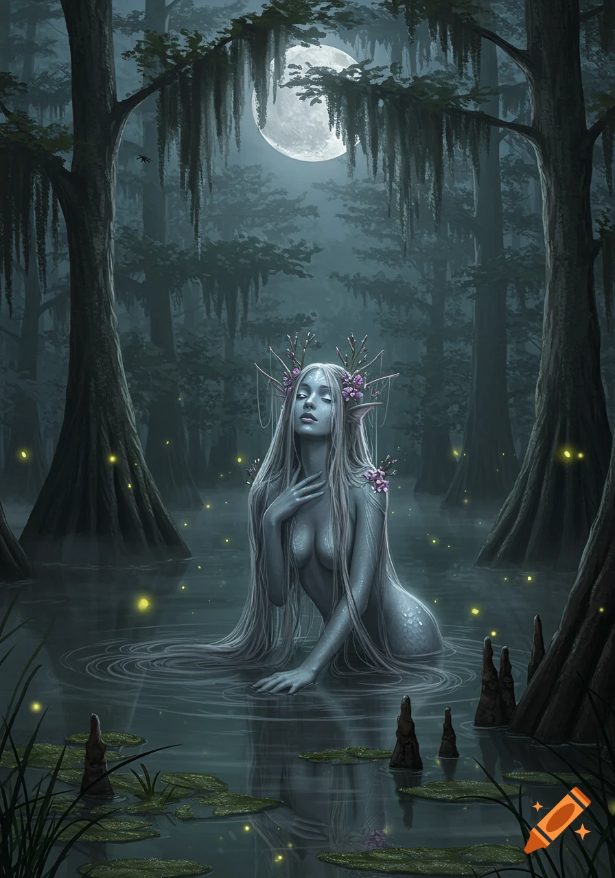 A serene, long-haired swamp mermaid with a flower crown emerges from a moonlit swamp, surrounded by cypress trees and fireflies.