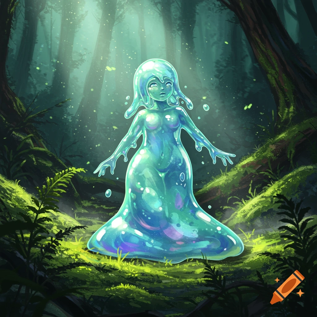 A luminous, translucent blue and green slime girl standing on a mossy forest floor with sunlight filtering through trees. Digital art.