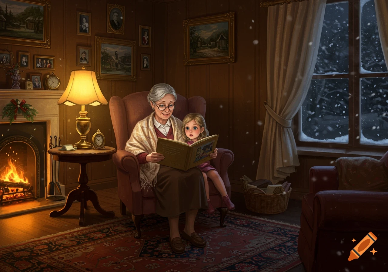 A grandmother reads a book to her granddaughter by a warm fireplace in a cozy room with snow falling outside the window.
