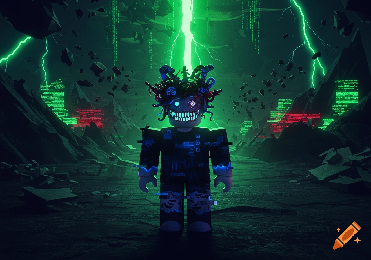 A glitching Roblox character with a monstrous grin and glowing eyes stands in a dark, digital wasteland with green lightning.