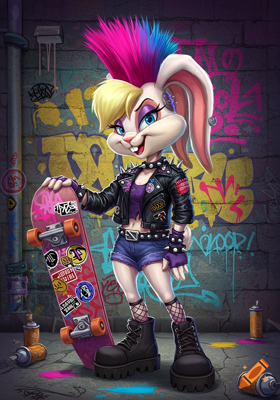 A cartoon punk rabbit with a mohawk, leather jacket, and shorts stands holding a skateboard against a graffiti-covered wall.