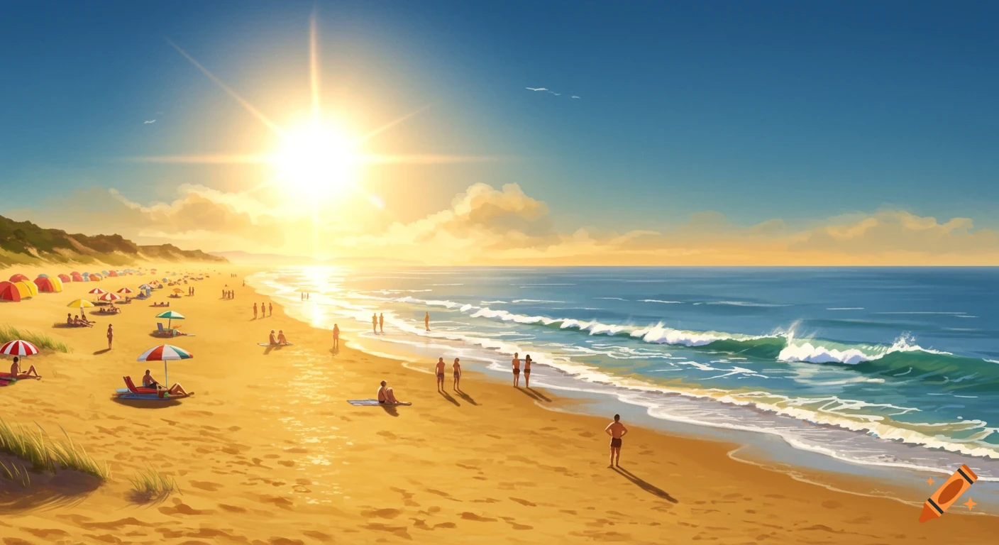 A vibrant illustration of a wide, sunlit beach with many people relaxing, swimming, and walking by the ocean waves.
