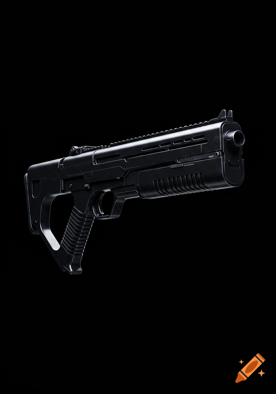 A jet black carbine blaster, a type of firearm, on a black background.