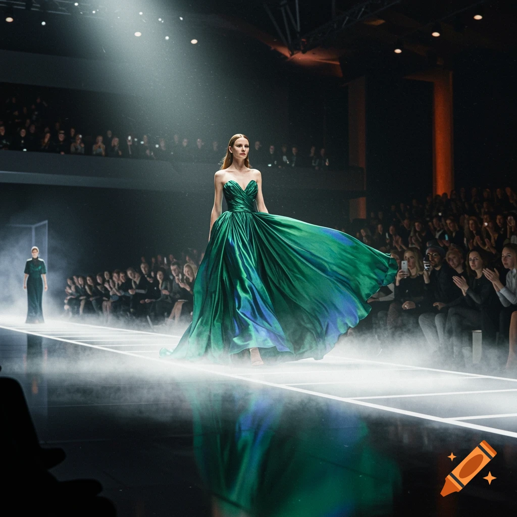 A photorealistic image of a model in a flowing green and blue gown walking on a spotlighted catwalk during a fashion show.