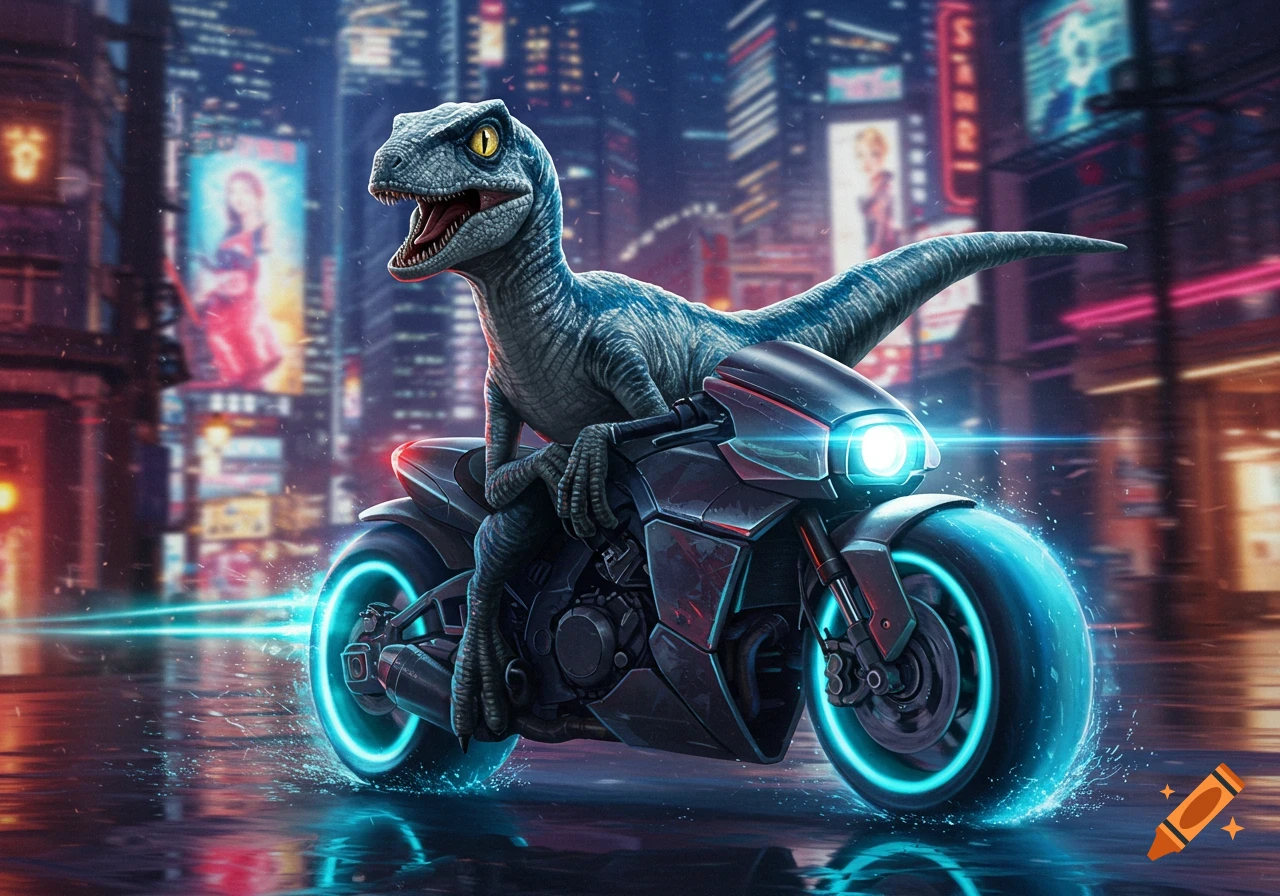 A blue velociraptor riding a futuristic motorcycle through a neon-lit cyberpunk city at night.