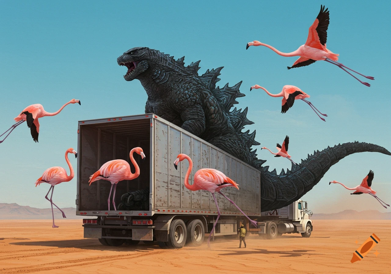 Godzilla bursts from the back of a semi-truck in a desert, surrounded by large, long-legged pink flamingos, some flying.