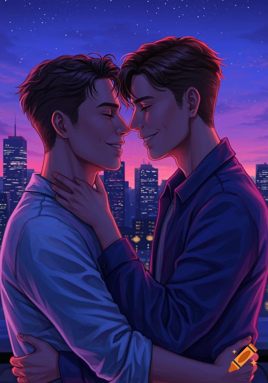 Two men embrace under a starry night sky with a city skyline in the background, digital art style.