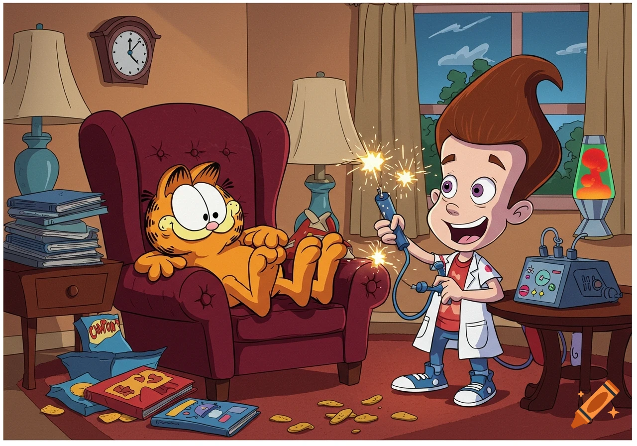Cartoon of Jimmy Neutron sparking a device near Garfield relaxing in an armchair, surrounded by books and spilled chips in a living room.