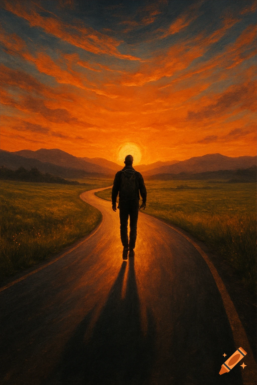 A silhouetted person walks alone on a winding road towards a bright orange sunset over hills, in a painterly style.