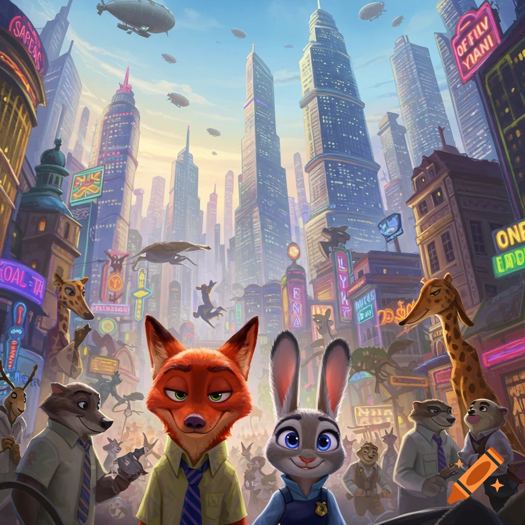 Animated fox and rabbit characters standing in a neon-lit futuristic city with tall skyscrapers and airships.