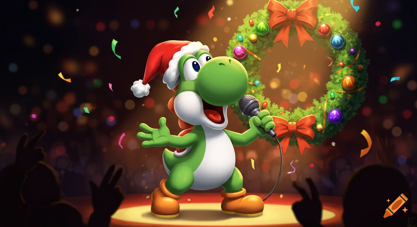 Yoshi from Super Mario wearing a Santa hat and singing into a microphone on stage with a Christmas wreath and confetti in the background.