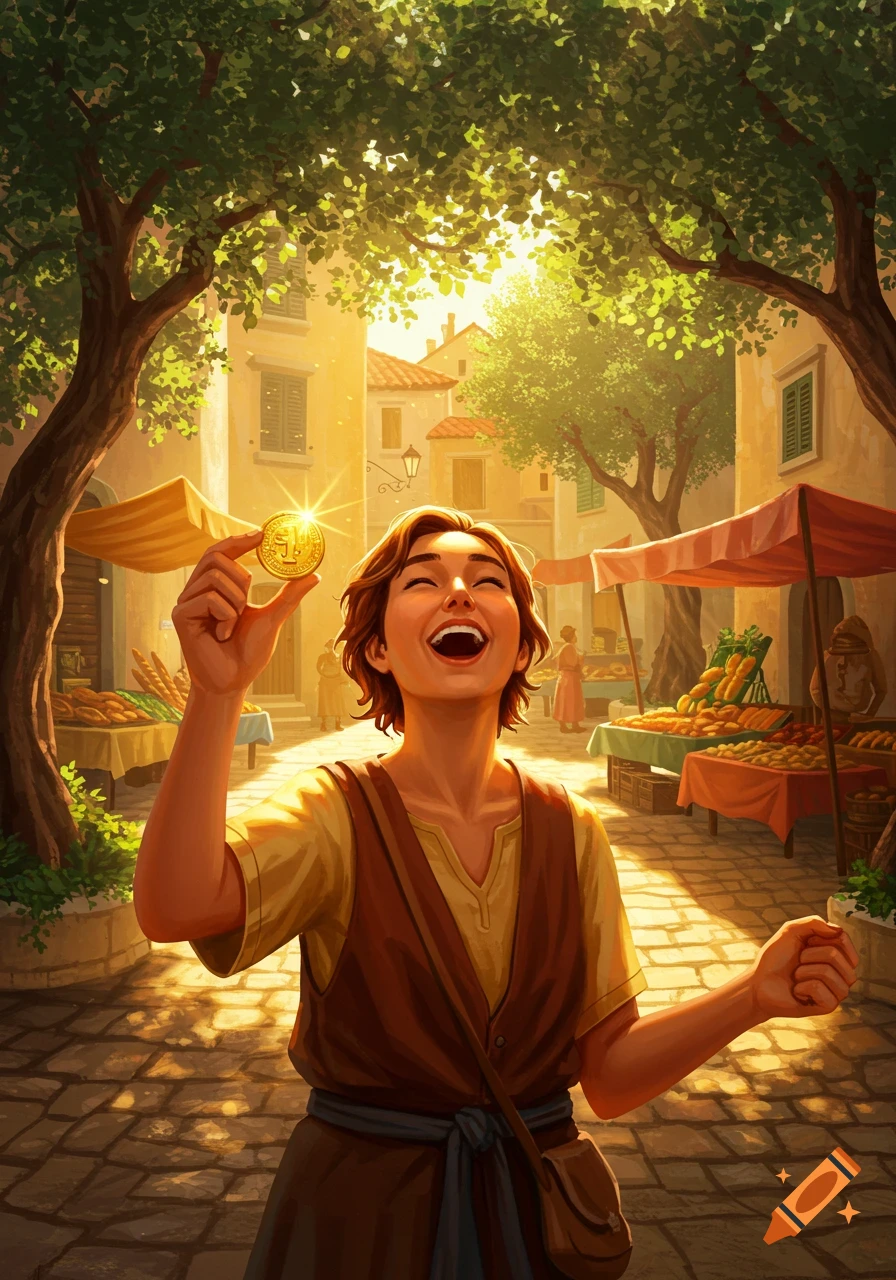 A joyous person holds up a shining gold coin in a sunlit market street with trees and stalls, digital art.