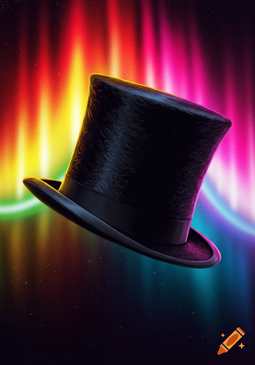 A black top hat floats against a vibrant, rainbow-colored glowing background.