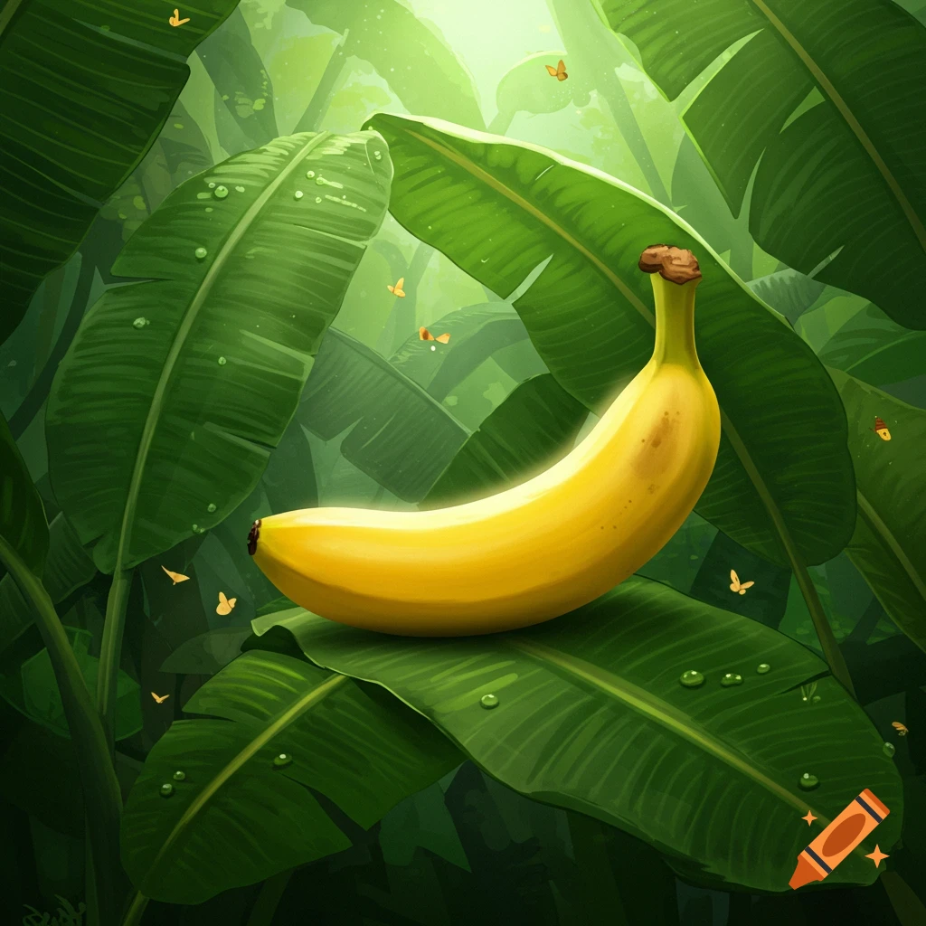 A vibrant yellow banana rests horizontally on large, lush green banana leaves in a stylized, sunlit jungle setting.
