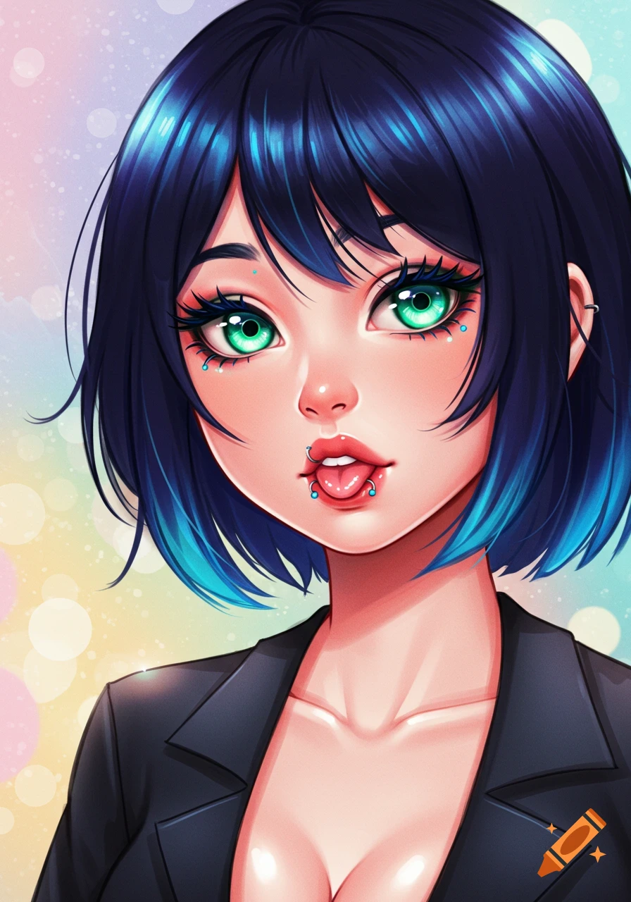 Close-up anime portrait of a girl with black and blue hair, green eyes, and multiple facial piercings, wearing a black blazer.
