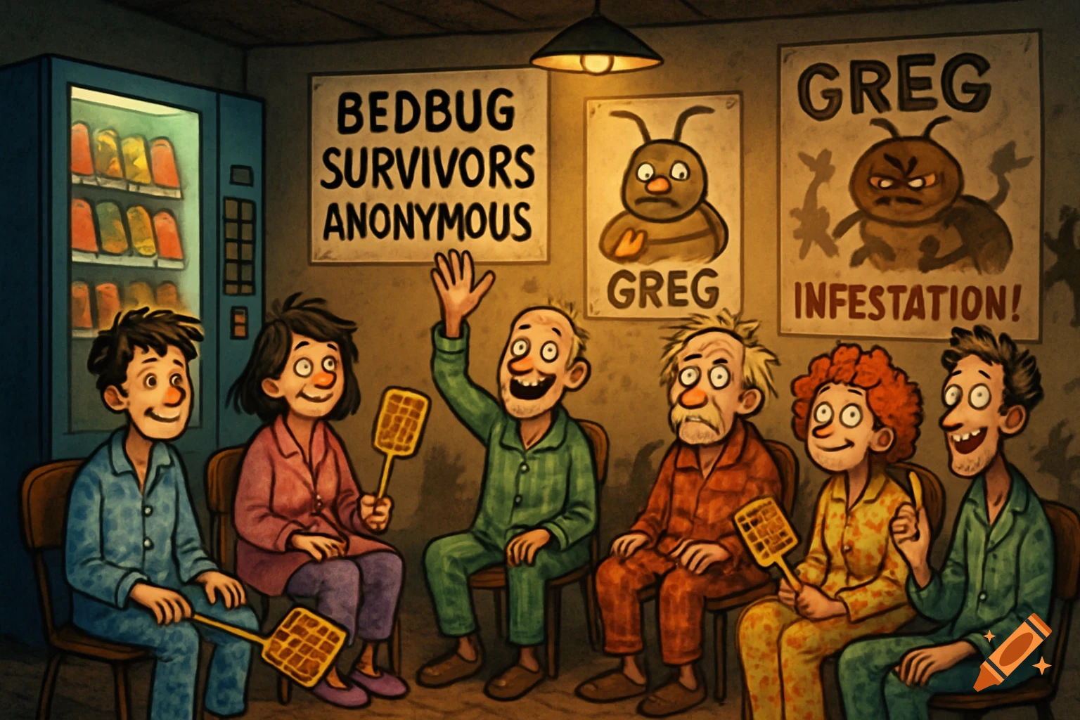 Six cartoon people in pajamas at a "Bedbug Survivors Anonymous" meeting, holding fly swatters, with "GREG" posters.
