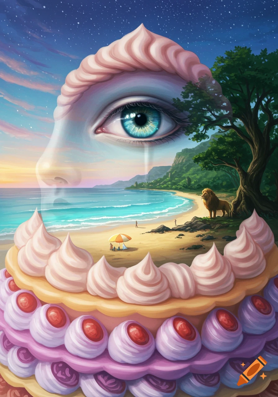 Surreal composition with a crying human eye above a beach scene with a lion and tree, all layered on a multi-tiered cake.