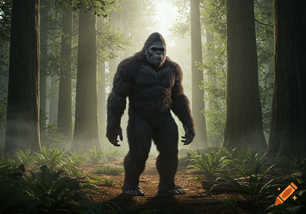 A large, furry Bigfoot stands in a sunlit, misty forest surrounded by tall trees and ferns.