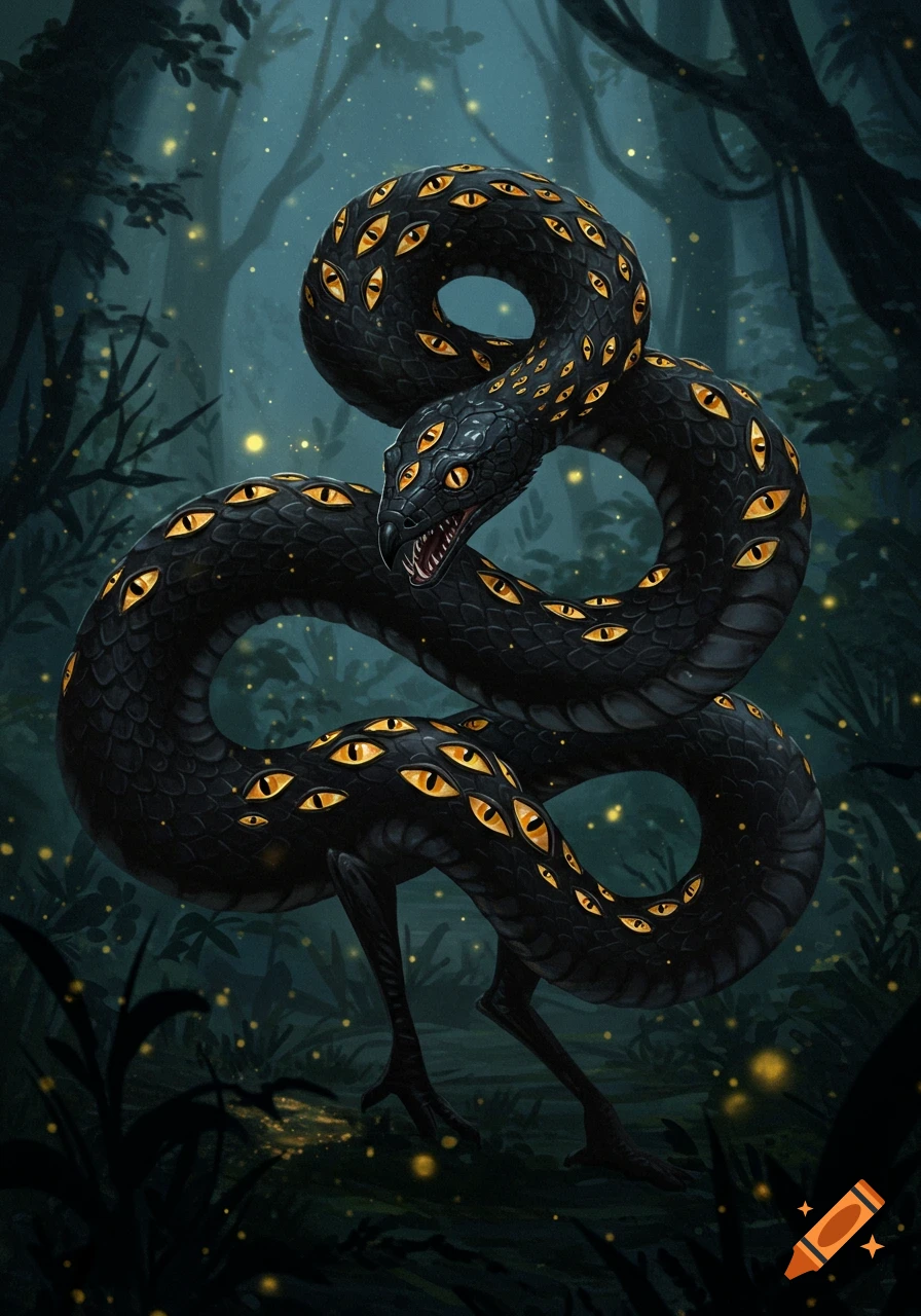 A black fantasy snake covered in golden, cat-like eyes, with two bird-like legs, in a dark, glowing forest.