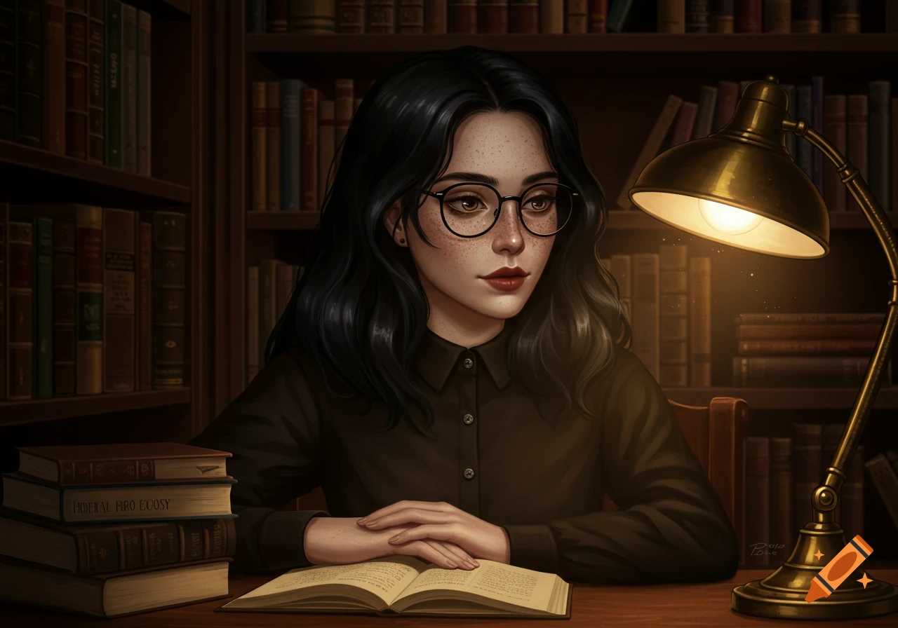 A digital art portrait of a woman with black hair and glasses studying in a library, illuminated by a desk lamp.
