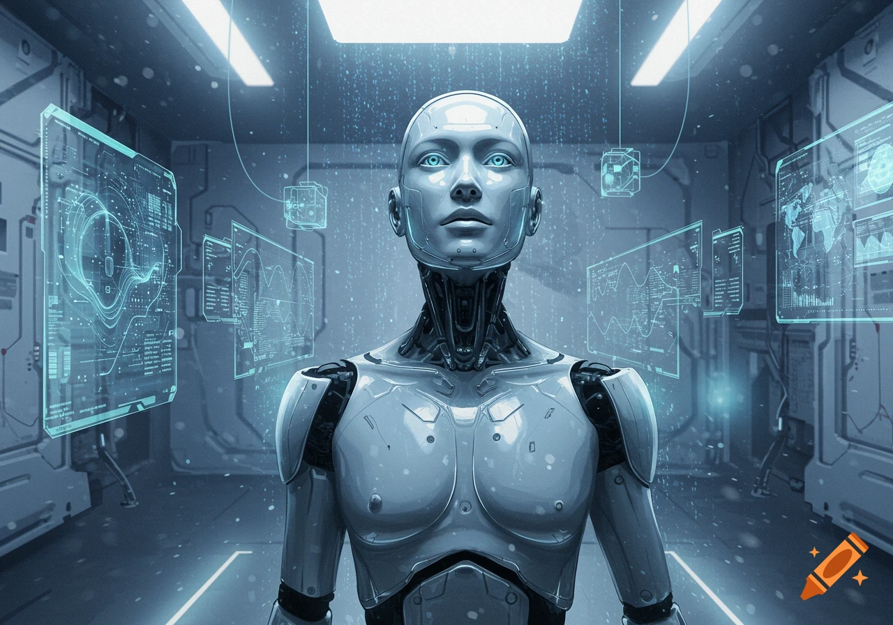 Sleek, silver android with glowing blue eyes in a futuristic control room with holographic data screens.