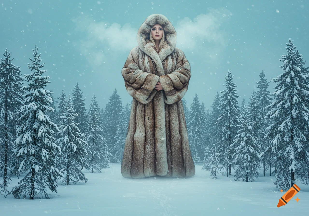 A blonde woman in a massive fur coat with a hood stands in a snowy forest during a snowfall.