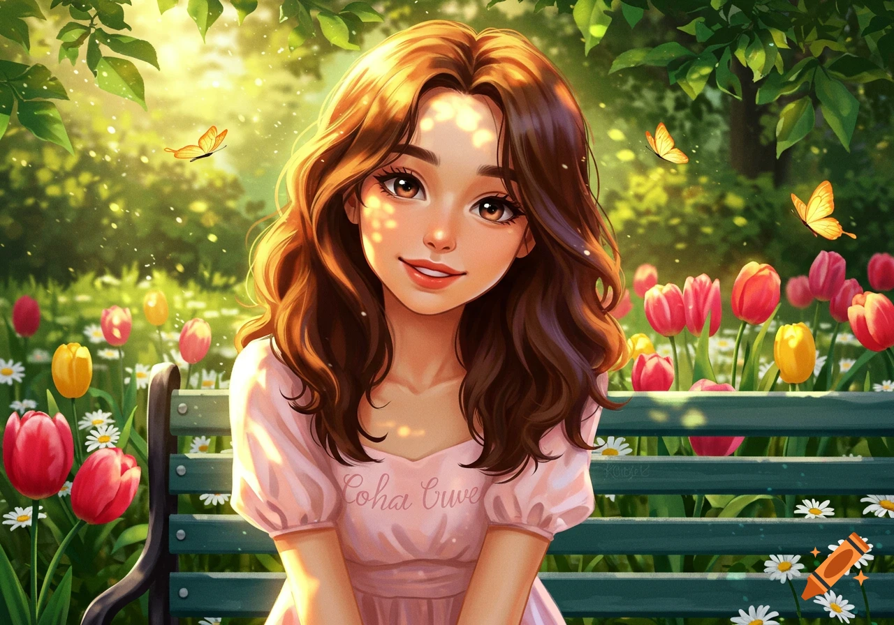 Anime-style woman with brown hair sits on a park bench, surrounded by colorful tulips, daisies, and butterflies in a sunny garden.