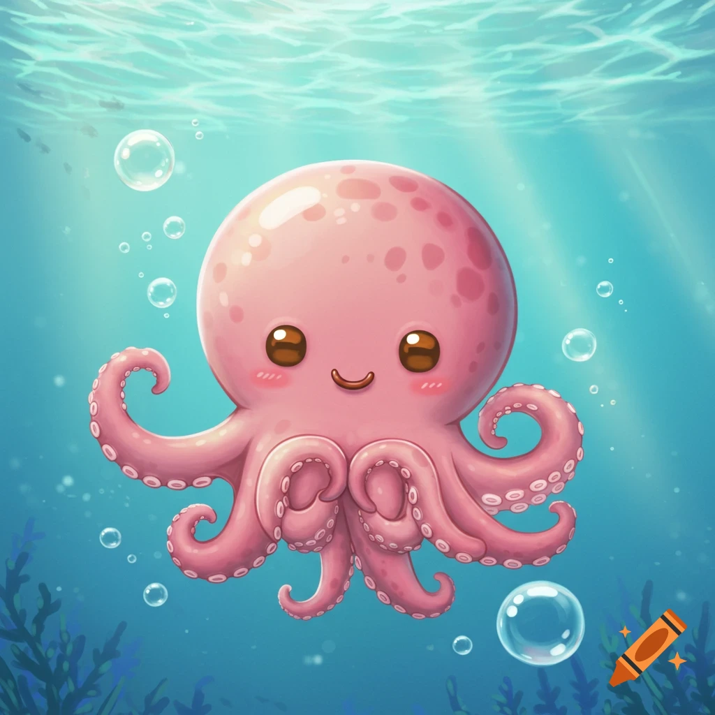 A cute pink chibi cartoon octopus smiling and forming a heart with its tentacles underwater, with bubbles and plants.