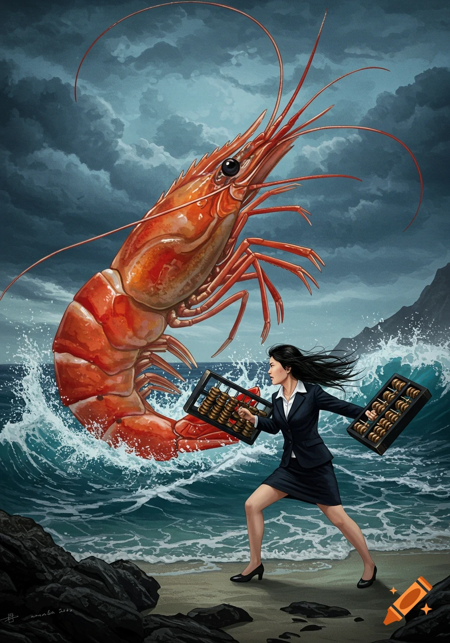 A woman in a business suit battles a giant shrimp on a stormy beach, wielding two abacuses.