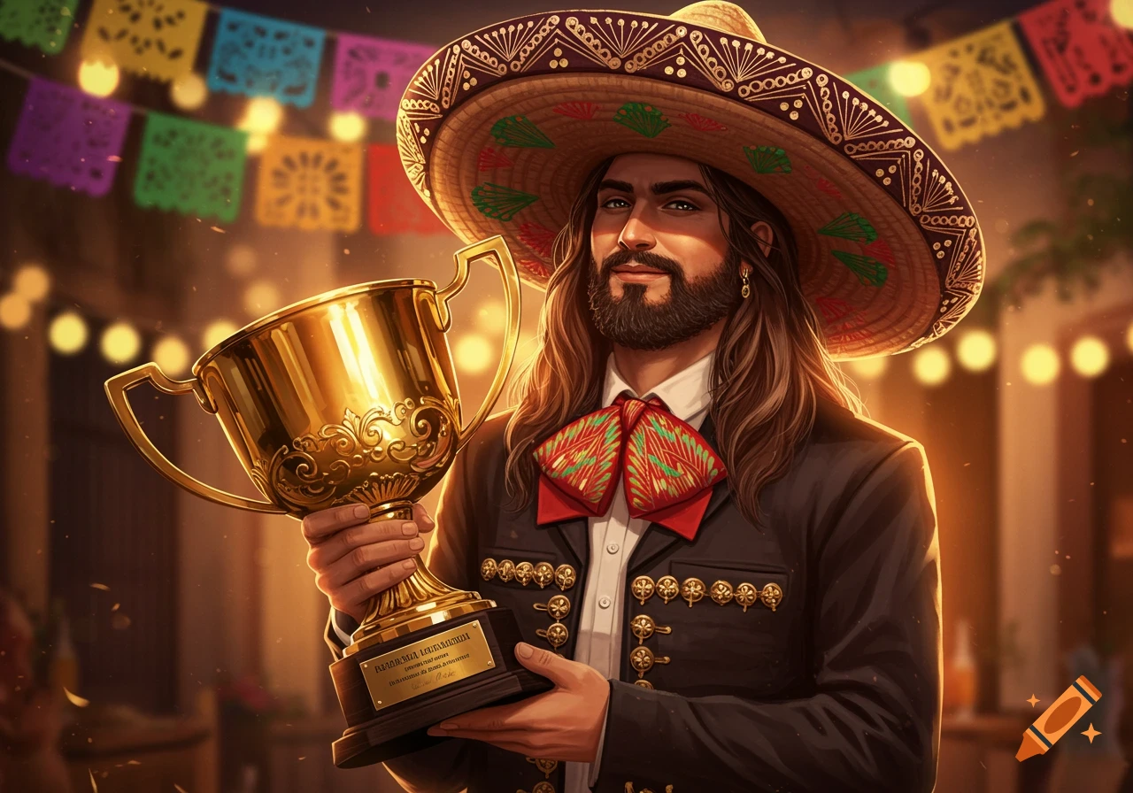 Long-haired bearded man wearing a sombrero and a charro suit, holding a golden trophy in a festive setting with papel picado.
