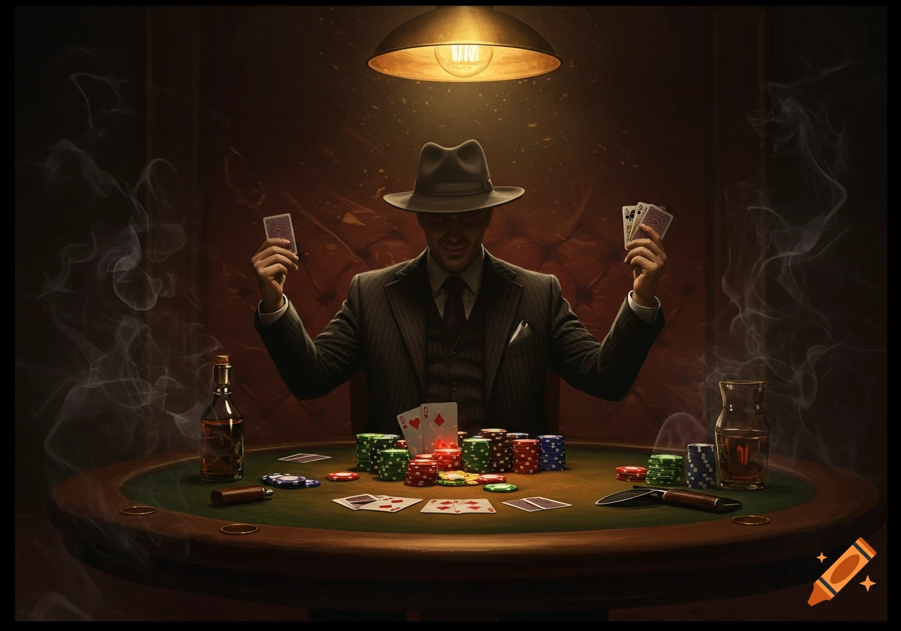 A man in a fedora and suit sits at a poker table with chips and cards under a single hanging lamp, smoke curling around him.