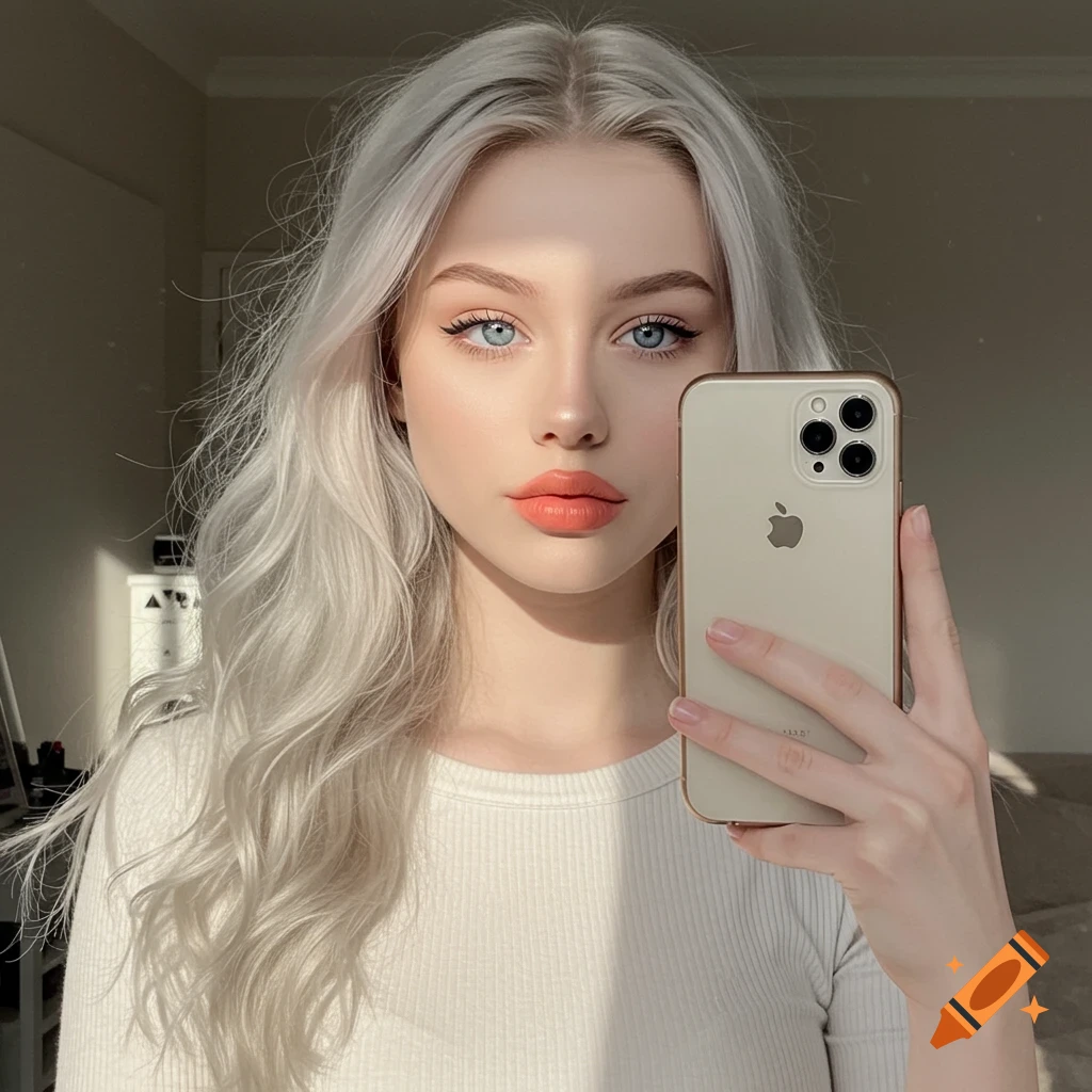 A close-up photorealistic portrait of a young woman with long blonde hair and blue eyes, holding a smartphone to take a selfie.