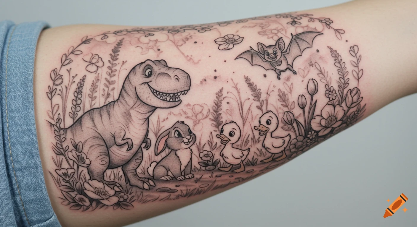 A black and grey tattoo on an arm featuring a whimsical cartoon scene with a T-Rex, bunny, bat, and two ducklings in a meadow with flowers.