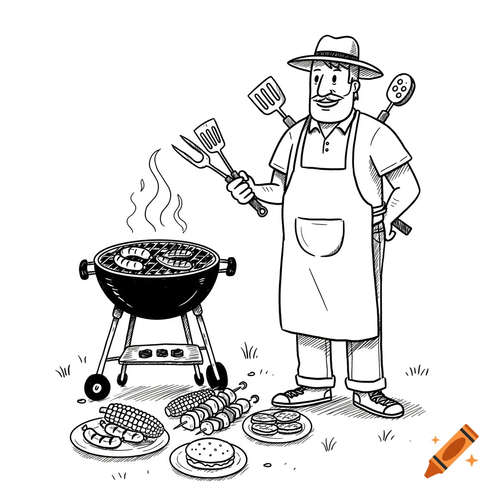 A black and white cartoon of a man in an apron holding grill tools next to a BBQ, with grilled food items on the ground.