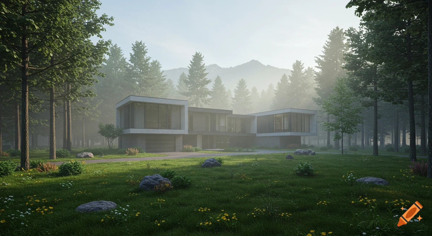 A modern house with a driveway nestled in a lush green forest, with misty mountains in the background.