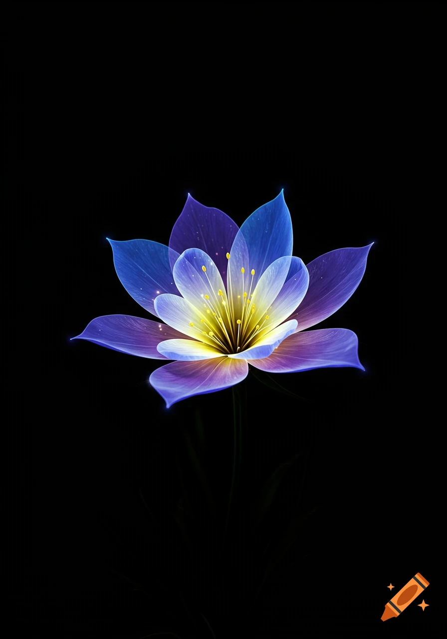 A luminous, stylized flower with blue, purple, white, and yellow translucent petals glows against a dark background.