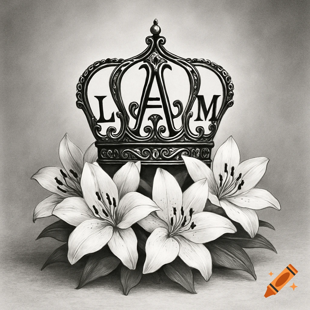 A black and white sketch of an ornate crown featuring the letters L, A, M, resting on a bed of lilies.