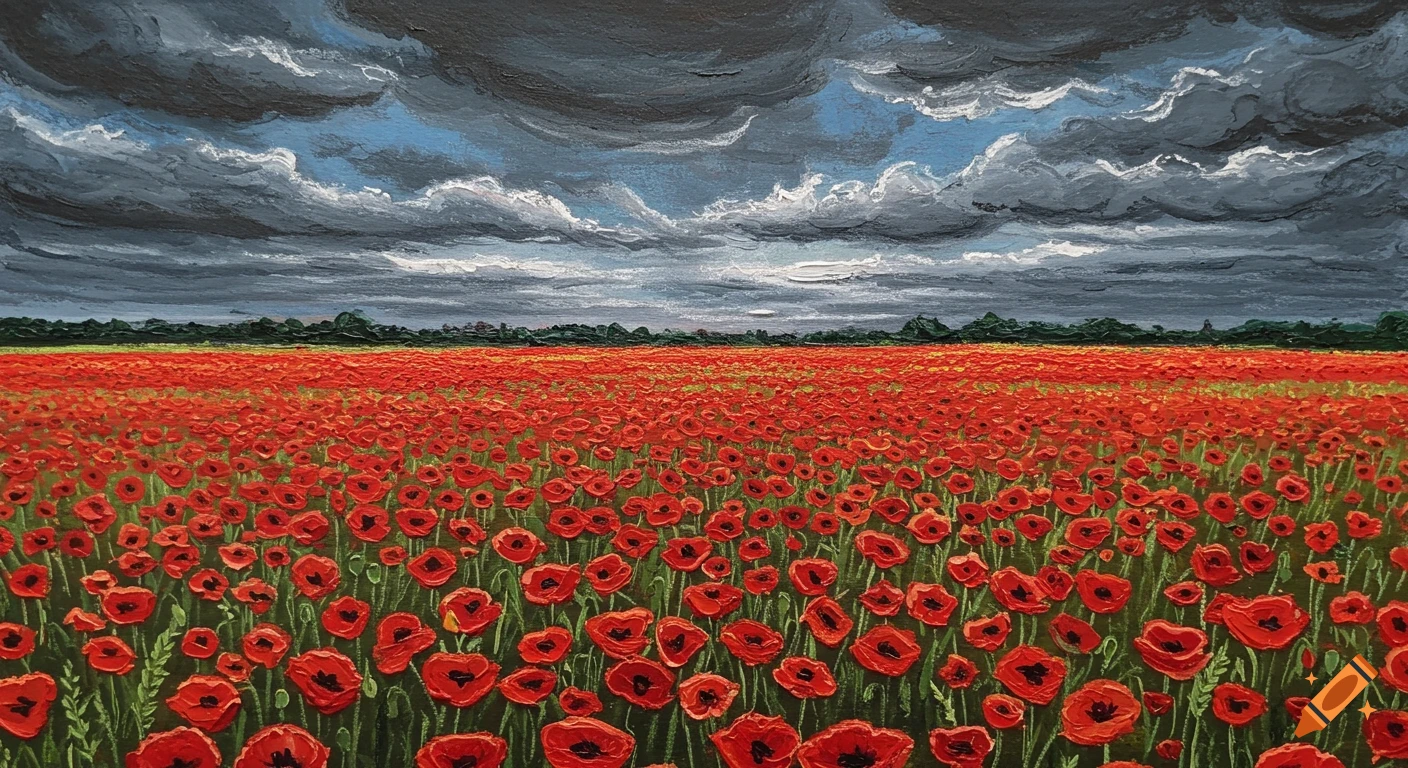 A vibrant field of red poppies under a dark, stormy sky, painted in a textured, crayon-like style.